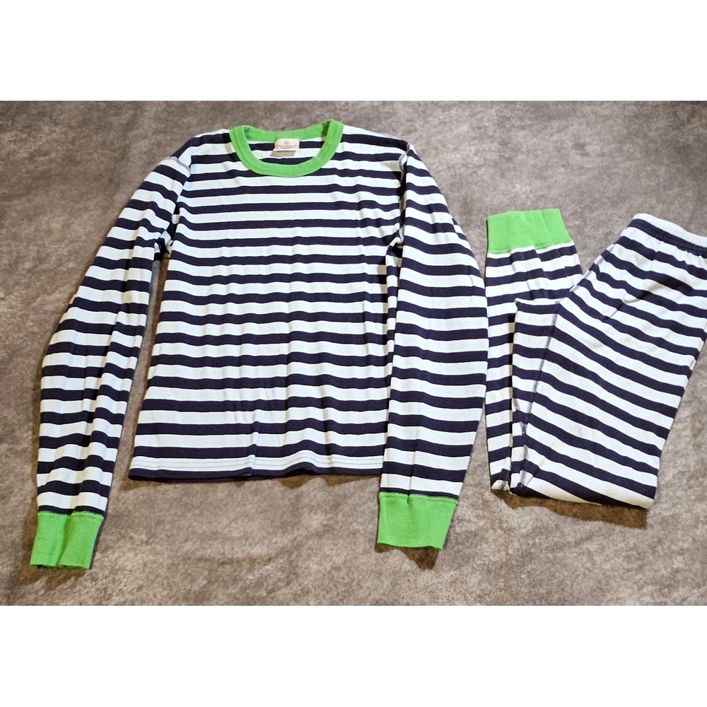 Hanna Andersson Pajamas Set XS Navy Blue Striped Green Trim 1-01502 Kids
